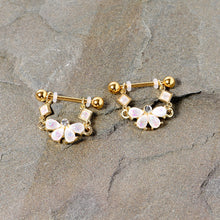 Load image into Gallery viewer, 14G 5/8 White Faux Opal Gold Tone Bow Dangle Nipple Ring Set