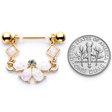 Load image into Gallery viewer, 14G 5/8 White Faux Opal Gold Tone Bow Dangle Nipple Ring Set