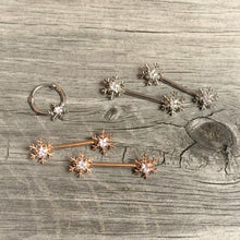 Load image into Gallery viewer, 14G 5/8 Clear Gem Snowflake Barbell Nipple Ring Set