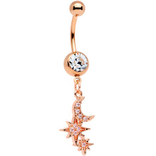 Load image into Gallery viewer, Clear CZ Gem Rose Gold Tone Moon Stars Dangle Belly Ring