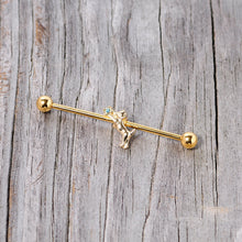 Load image into Gallery viewer, 14G Blue Gem Gold Tone Leaping Cat Industrial Barbell 38mm