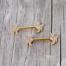 Load image into Gallery viewer, 14G 9/16 Clear Gem Gold Tone Glamour Cat Barbell Nipple Ring Set
