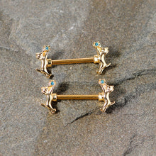 Load image into Gallery viewer, 14G 9/16 Blue Gem Gold Tone Leaping Cat Barbell Nipple Ring Set