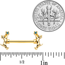 Load image into Gallery viewer, 14G 9/16 Blue Gem Gold Tone Leaping Cat Barbell Nipple Ring Set