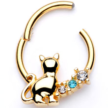 将图片加载到图库查看器,16G 3/8 Blue Clear Gem Gold Tone Cat Hinged Segment Ring