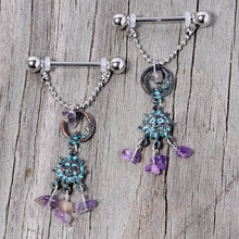 Load image into Gallery viewer, 14G 5/8 Purple Gem Solstice Sun Moon Dangle Nipple Ring Set