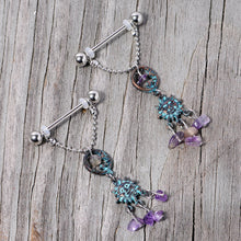 Load image into Gallery viewer, 14G 5/8 Purple Gem Solstice Sun Moon Dangle Nipple Ring Set