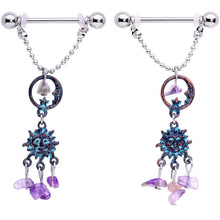 Load image into Gallery viewer, 14G 5/8 Purple Gem Solstice Sun Moon Dangle Nipple Ring Set