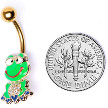 Load image into Gallery viewer, Clear Gem Gold Tone Green Goofy Frog Belly Ring