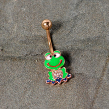 Load image into Gallery viewer, Clear Gem Rose Gold Tone Green Goofy Frog Belly Ring