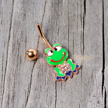 Load image into Gallery viewer, Clear Gem Rose Gold Tone Green Goofy Frog Belly Ring