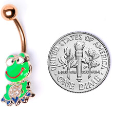 Load image into Gallery viewer, Clear Gem Rose Gold Tone Green Goofy Frog Belly Ring