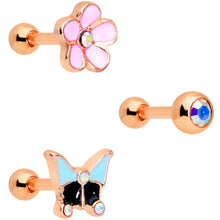 Load image into Gallery viewer, 16G 1/4 Aurora Gem Rose Gold Tone Flower Cartilage Tragus Set of 3