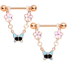 Load image into Gallery viewer, 14G 5/8 Aurora Gem Rose Gold Tone Flower Dangle Nipple Ring Set