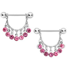 Load image into Gallery viewer, 14G 5/8 Pink Gem Fringe Dangle Barbell Nipple Ring Set