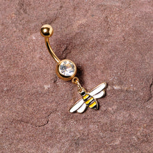 将图片加载到图库查看器,Clear Gem Gold Tone Striped Bee Dangle Belly Ring