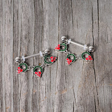 Load image into Gallery viewer, 14G 5/8 Holiday Wreath Christmas Chain Dangle Nipple Ring Set