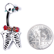 将图片加载到图库查看器,Black Skeleton Skull Rose Halloween Double Mount Belly Ring