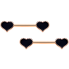 Load image into Gallery viewer, 14G 9/16 Rose Gold Tone Black Heart Barbell Nipple Ring Set