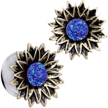 Load image into Gallery viewer, Blue Faux Druzy Sunburst Flower Double Flare Plug Set 2G to 1"