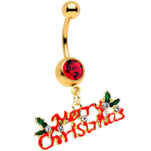 将图片加载到图库查看器,Red Gem Gold Tone Merry Christmas Dangle Belly Ring