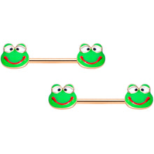 Load image into Gallery viewer, 14G 9/16 Rose Gold Tone Green Goofy Frog Barbell Nipple Ring Set