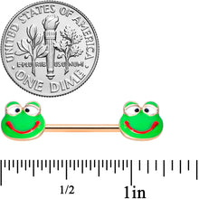 Load image into Gallery viewer, 14G 9/16 Rose Gold Tone Green Goofy Frog Barbell Nipple Ring Set