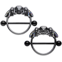 Load image into Gallery viewer, 14G 7/8 Aurora Gem Black Winged Skull Halloween Nipple Shield Set