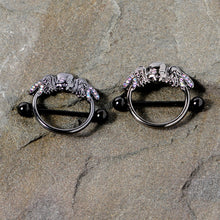 Load image into Gallery viewer, 14G 7/8 Aurora Gem Black Winged Skull Halloween Nipple Shield Set
