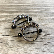 Load image into Gallery viewer, 14G 7/8 Aurora Gem Black Winged Skull Halloween Nipple Shield Set