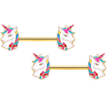Load image into Gallery viewer, 14G 9/16 Gold Tone Rainbow Unicorn Barbell Nipple Ring Set