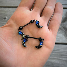 将图片加载到图库查看器,14G 9/16 Blue Gem Star Moon Dangle Nipple Ring Set