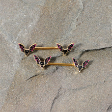 Load image into Gallery viewer, 14G 9/16 Pink Gem Gold Tone Bat Halloween Barbell Nipple Ring Set