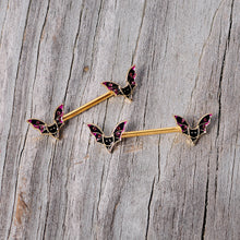 Load image into Gallery viewer, 14G 9/16 Pink Gem Gold Tone Bat Halloween Barbell Nipple Ring Set