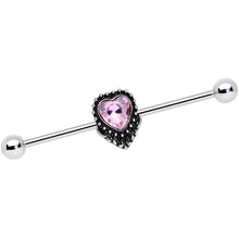 Load image into Gallery viewer, 14G Pink Gem Regal Textured Heart Industrial Barbell 38mm
