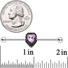 Load image into Gallery viewer, 14G Pink Gem Regal Textured Heart Industrial Barbell 38mm