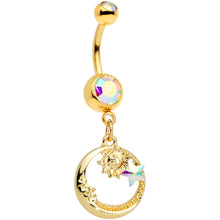 Load image into Gallery viewer, Aurora Gem Gold Tone Sun Moon Star Dangle Belly Ring