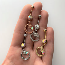 Load image into Gallery viewer, Aurora Gem Rose Gold Tone Sun Moon Star Dangle Belly Ring