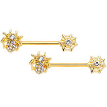 将图片加载到图库查看器,14G 5/8 Clear Gem Gold Tone Spider Web Barbell Nipple Ring Set