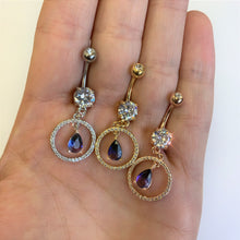 Load image into Gallery viewer, Blue Green CZ Gem Gold Tone Drop Loop Dangle Belly Ring