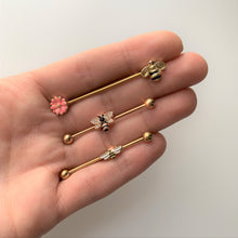 Load image into Gallery viewer, 14G Clear Black Gem Rose Gold Tone Bee Industrial Barbell 38mm