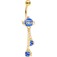 将图片加载到图库查看器,Gold Tone Blue Teacups Teapot Dangle Belly Ring