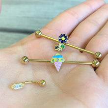 Load image into Gallery viewer, 14G Gold Tone Blue Green Snail Flower Industrial Barbell 38mm