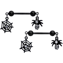 Load image into Gallery viewer, 14G 9/16 Clear Gem Black Spider Web Dangle Barbell Nipple Ring Set