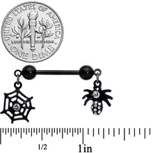 Load image into Gallery viewer, 14G 9/16 Clear Gem Black Spider Web Dangle Barbell Nipple Ring Set