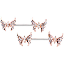 Load image into Gallery viewer, 14G Clear CZ Gem Rose Gold Hue Drama Butterfly Barbell Nipple Ring Set