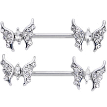 Load image into Gallery viewer, 14G 9/16 Clear CZ Gem Drama Butterfly Barbell Nipple Ring Set