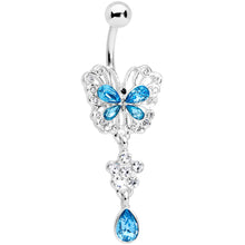 Load image into Gallery viewer, Clear Aqua Gem Lacy Butterfly Flower Drop Dangle Belly Ring