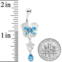 Load image into Gallery viewer, Clear Aqua Gem Lacy Butterfly Flower Drop Dangle Belly Ring