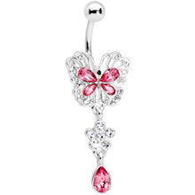 Load image into Gallery viewer, Clear Pink Gem Lacy Butterfly Flower Drop Dangle Belly Ring